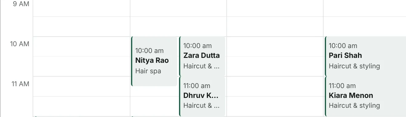 A demo week of bookings across branches and staff