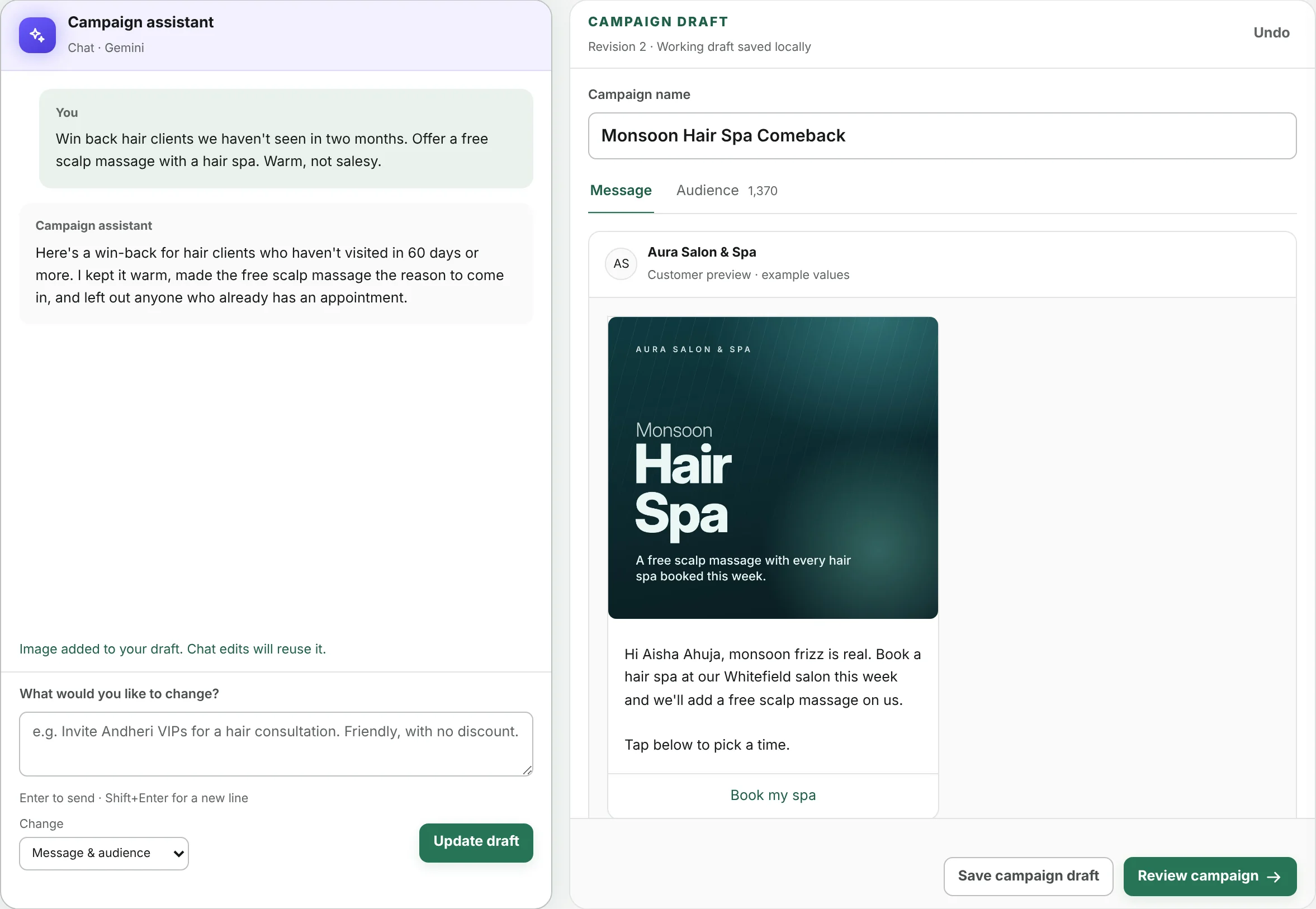 Create with AI: a one-line brief becomes a campaign with audience, image, message and booking button