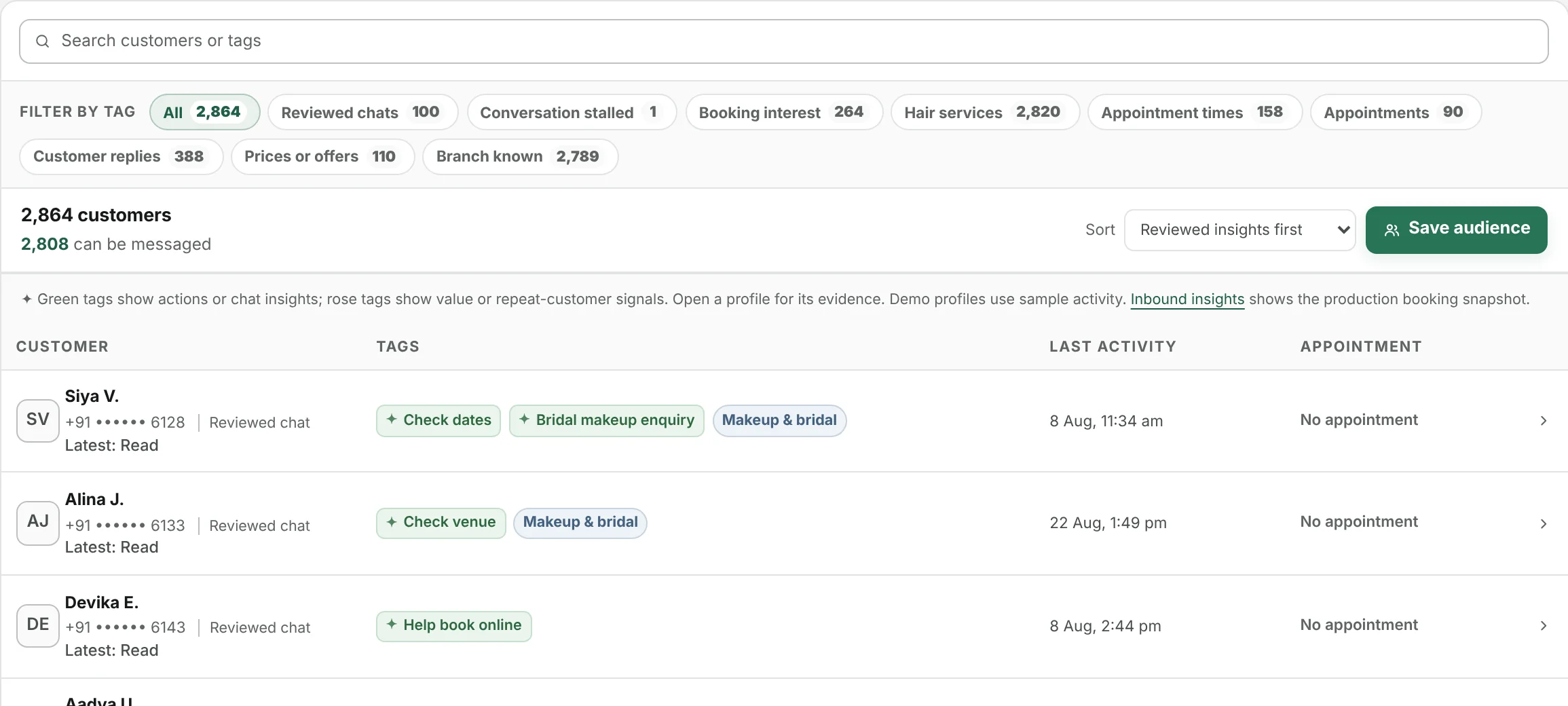 The Rewavy customer list in a demo workspace, with AI tags for intent, service and value