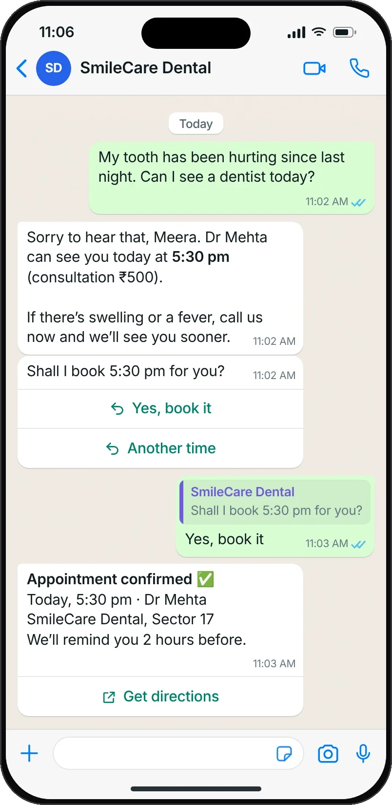 A dental clinic books a same-day appointment on WhatsApp