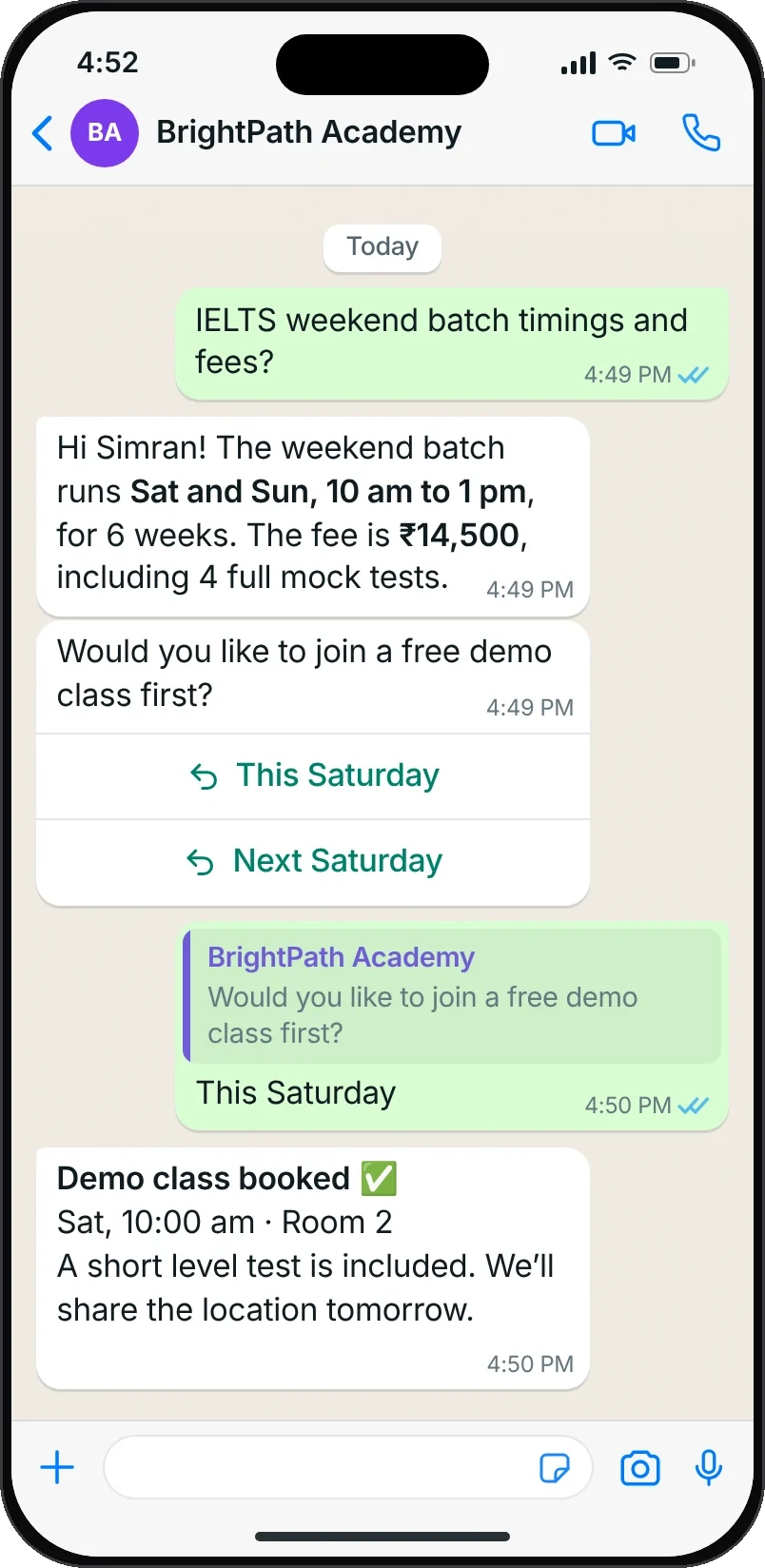 A coaching institute books a free IELTS demo class on WhatsApp