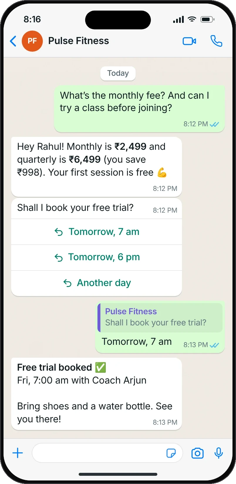 A gym enquiry about fees turns into a booked free trial