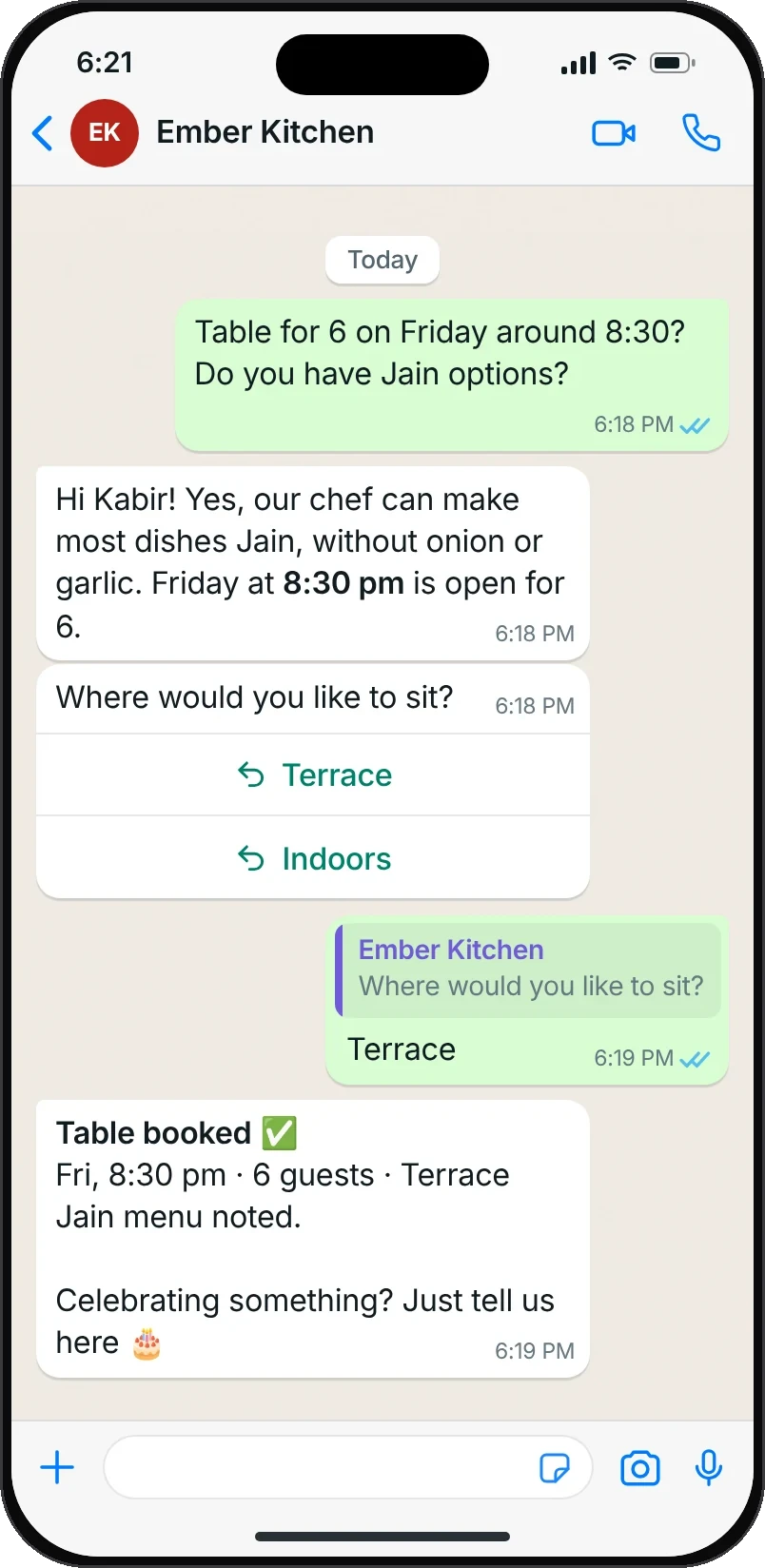 A restaurant takes a table booking for six on WhatsApp