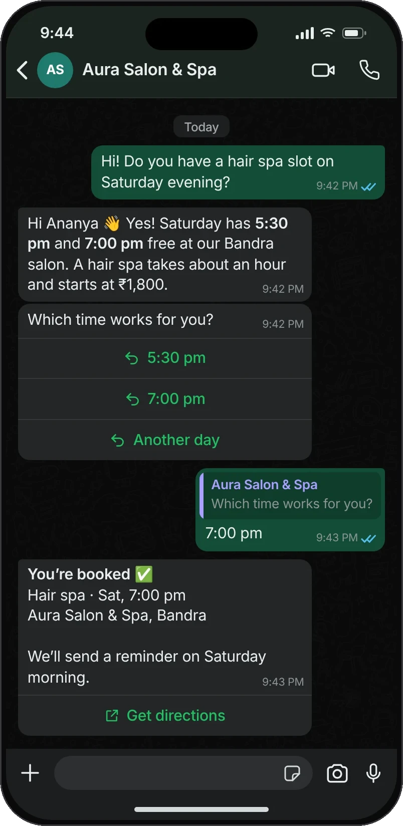 A customer books a hair spa on WhatsApp with the Rewavy AI Agent