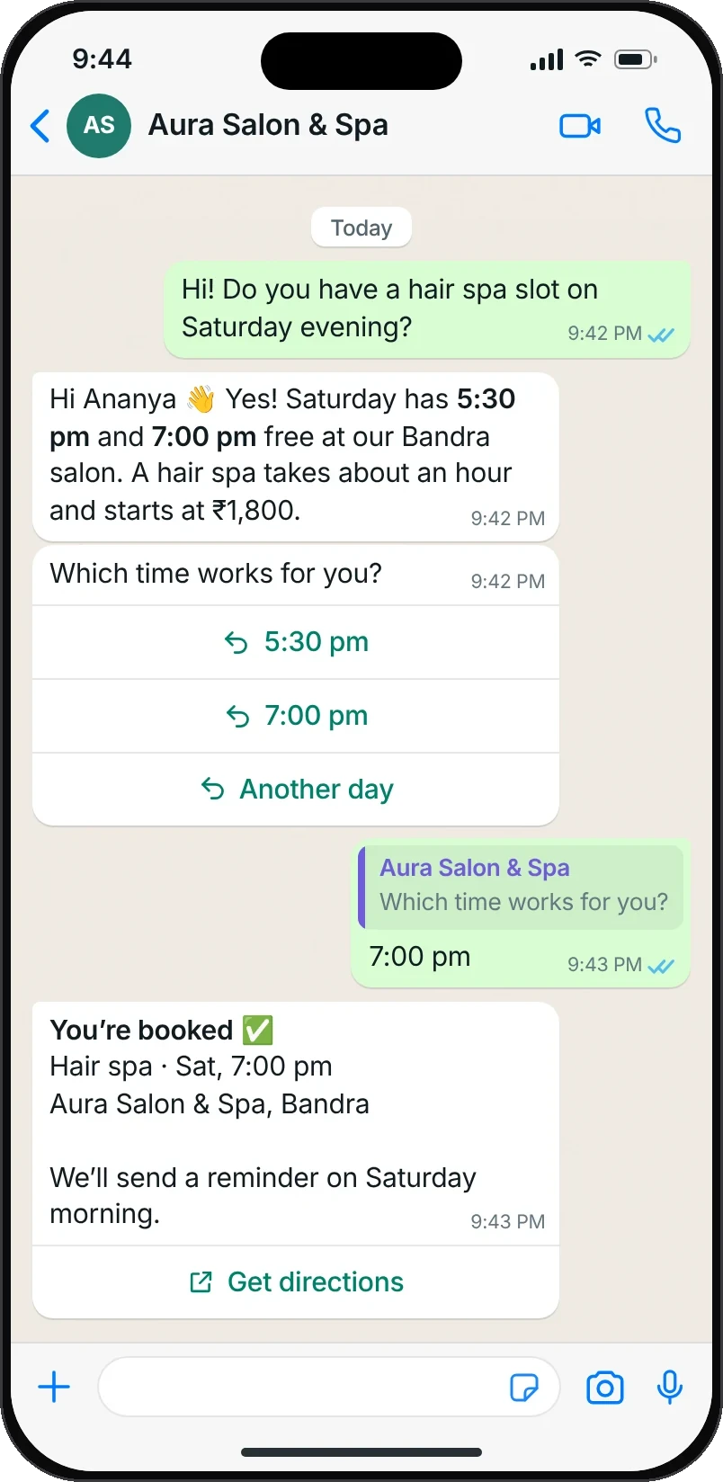 A salon customer books a Saturday hair spa on WhatsApp